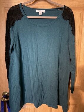 Motherhood Maternity Teal Long Sleeve Sweater with Black Lace Shoulders XL
